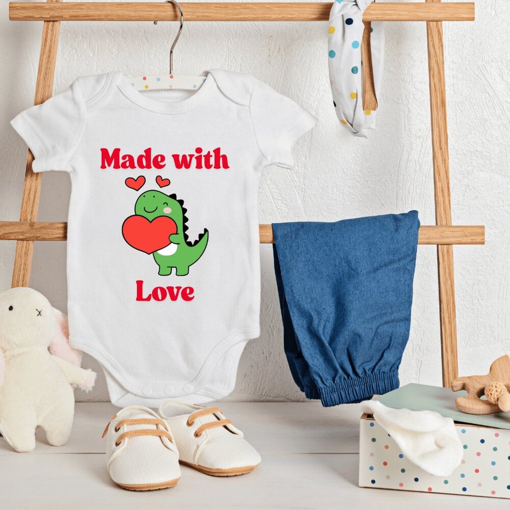 Made With Love Dinosaur Baby Onesie | Valentine Baby Outfit